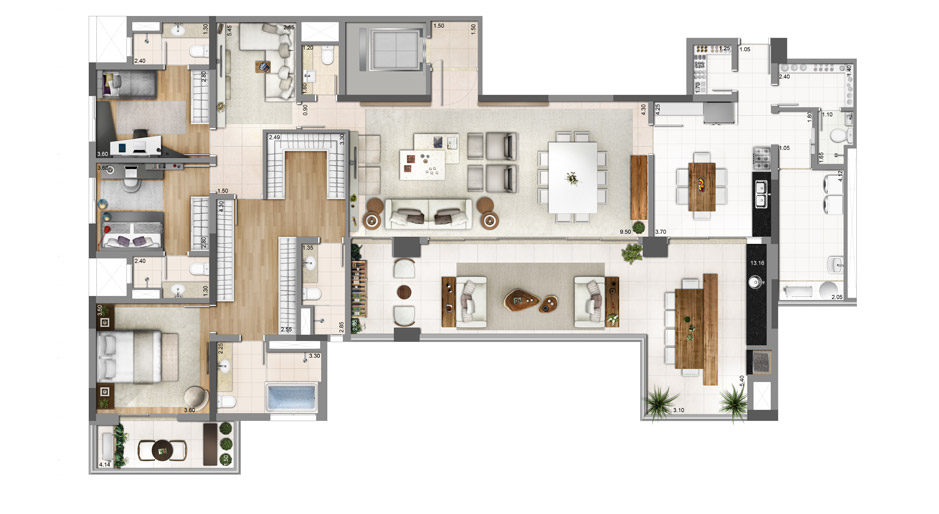 Planta Tipo do apartamento de 250m², 3 suítes e sala ampliada