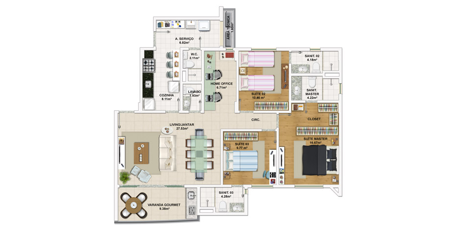 Apartamento de 3 suítes, opção padrão com Home Office - 113,77 m² de área privativa