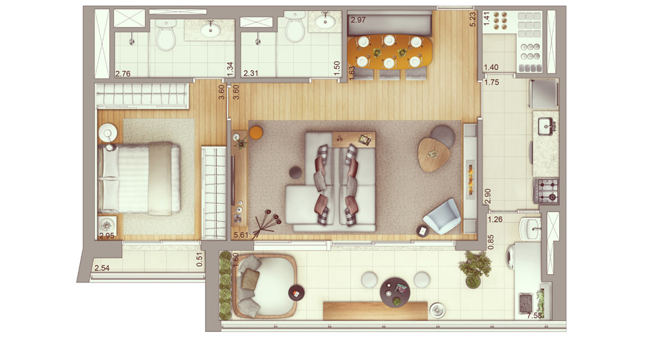 Apartamento de 75m², 1 suíte, opção com sala ampliada* (*verificar disponibilidade X cronograma de execução da obra)