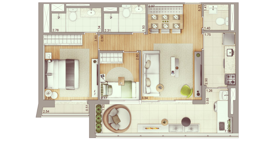 Apartamento de 75m², 2 dormitórios, 1 suíte