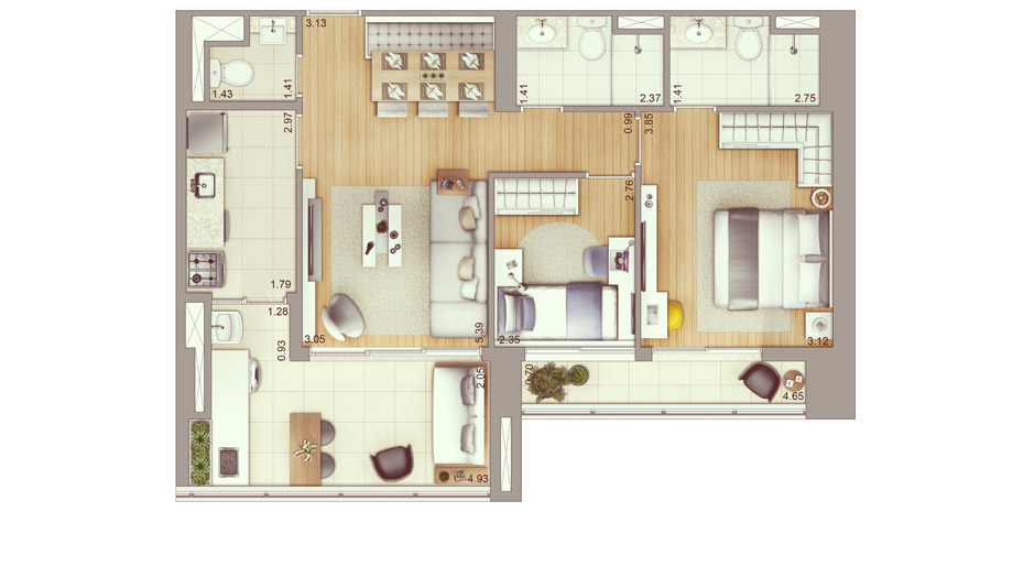 Apartamento de 78m², 2 dormitórios, 1 suíte
