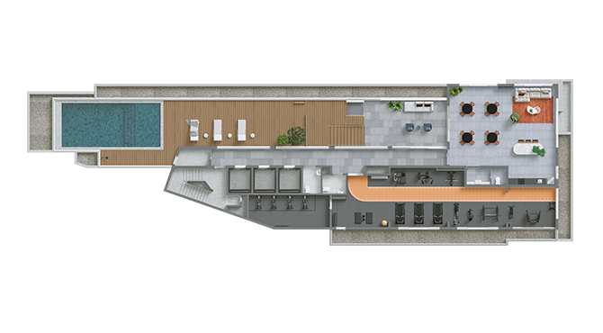 Implantação da áreas comuns do Rooftop - Aptos de 1 e 2 dorms