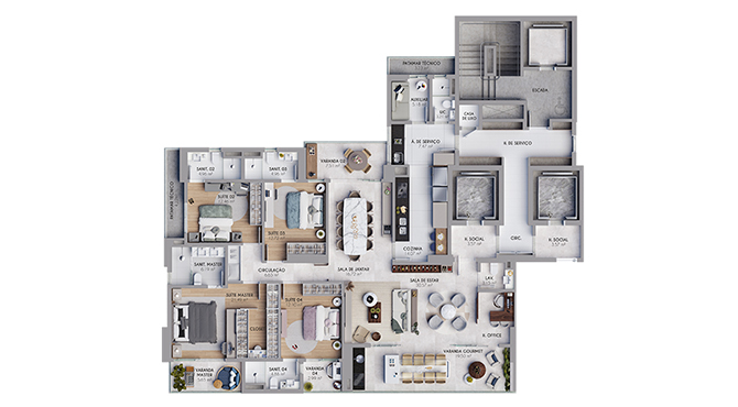 Planta artística do apartamento tipo de 209,88m² - Heritage - 4 suítes padrão com home office - por Antonio Caramelo