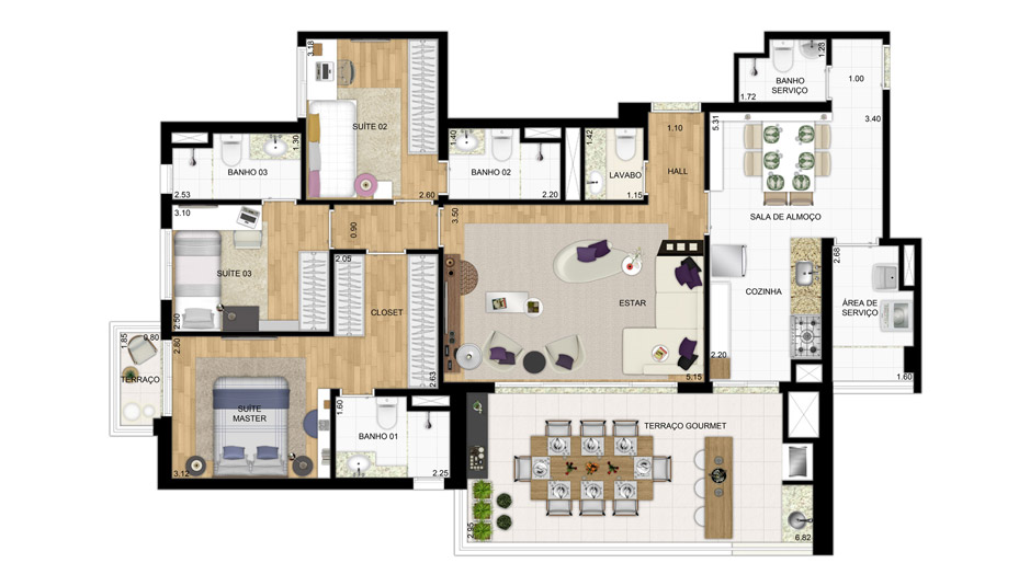 Planta do Apartamento de 124 m² - Opção 1 (com sala de almoço)